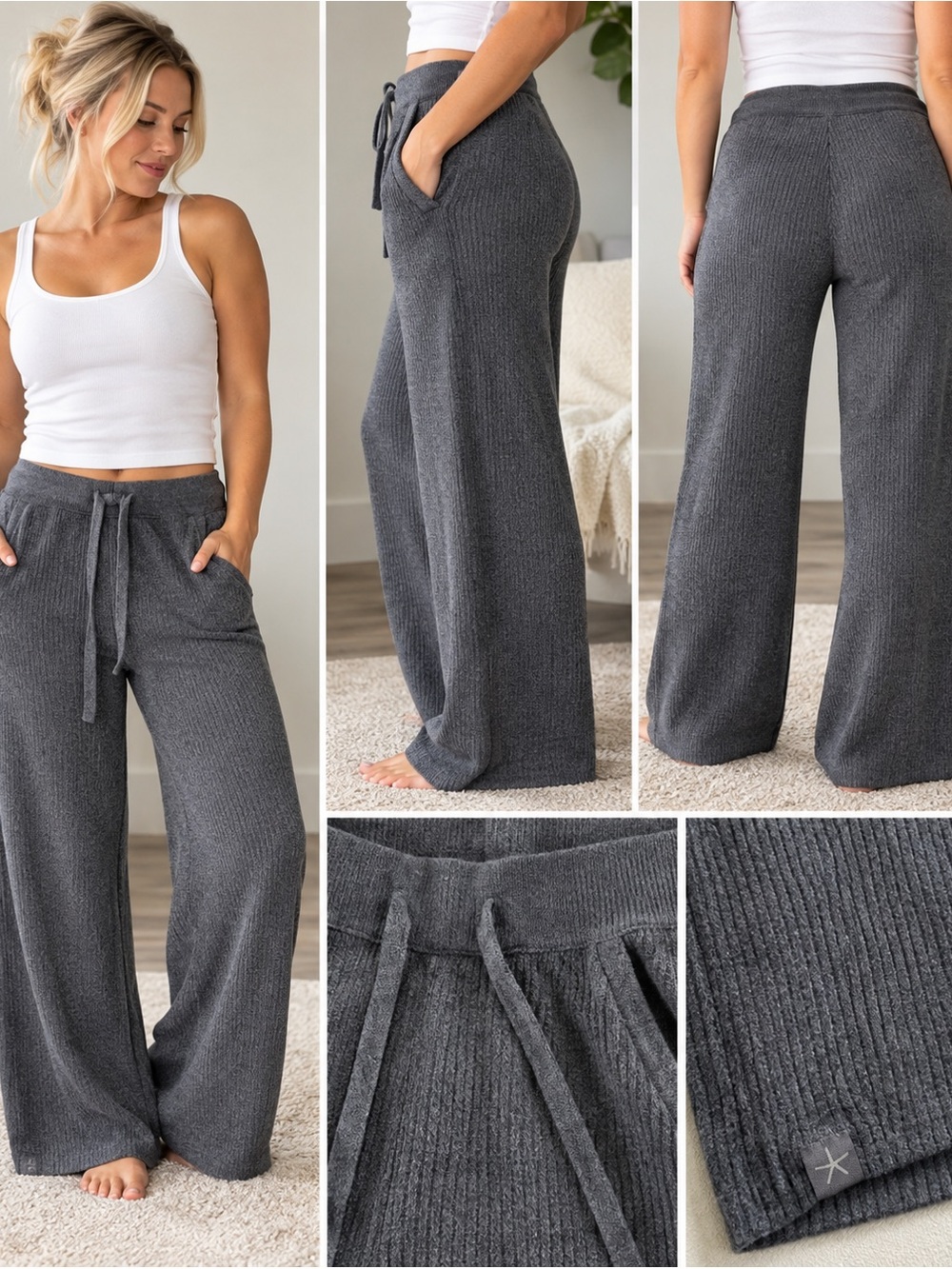 Barefoot Dreams CozyChic Ultra Lite Pants Womens M Gray Wide Leg Lounge Drawstri